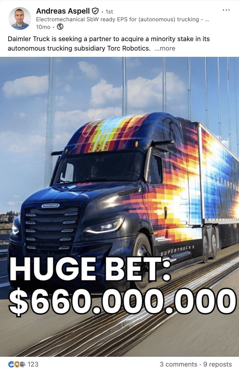 Andreas Aspell post: Daimler Truck is seeking a partner