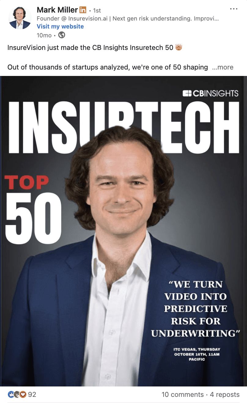 Mark Miller post: InsureVision makes the CB Insights Insurtech 50