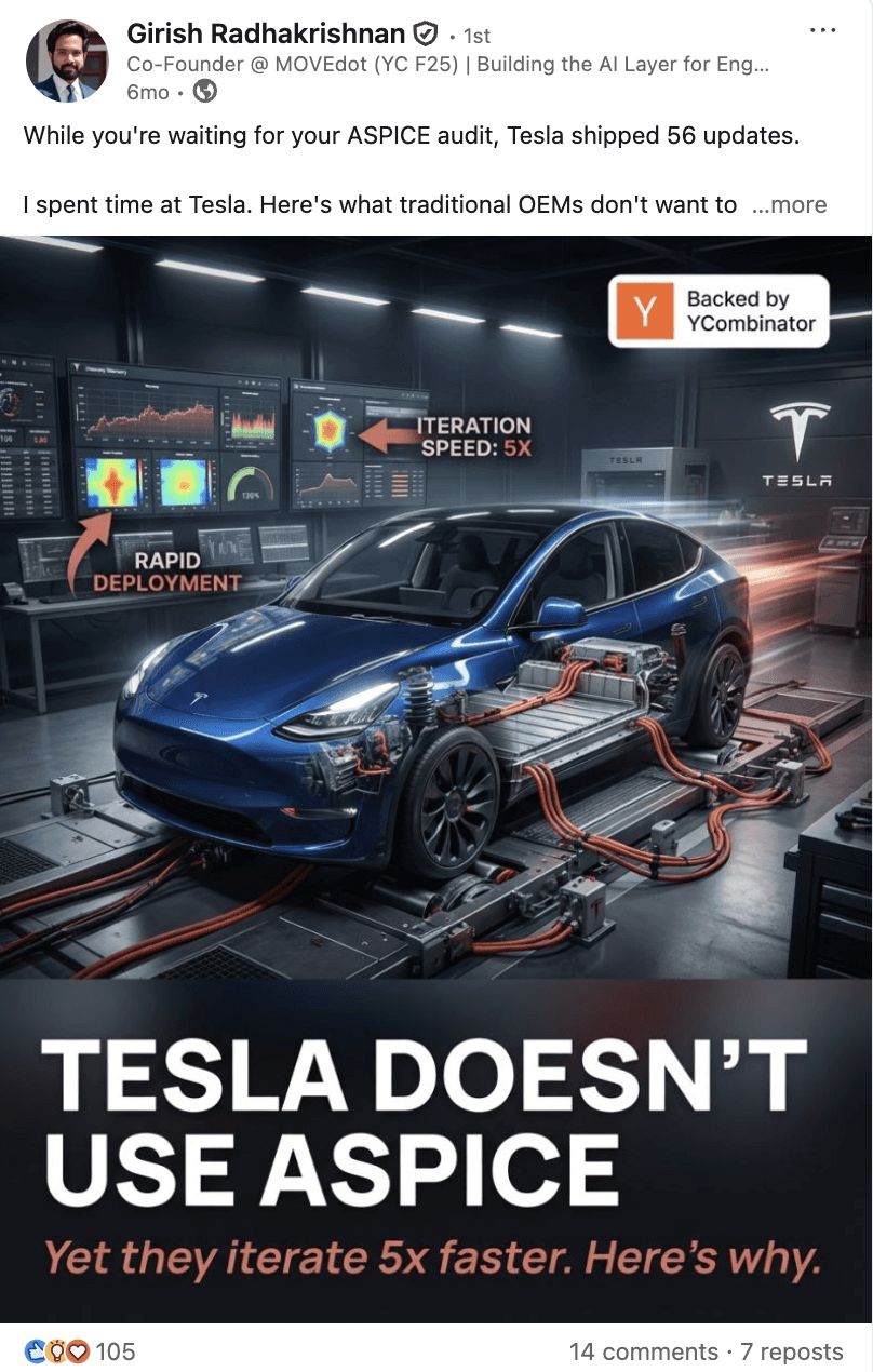 Girish Radhakrishnan post: Tesla doesn't use ASPICE