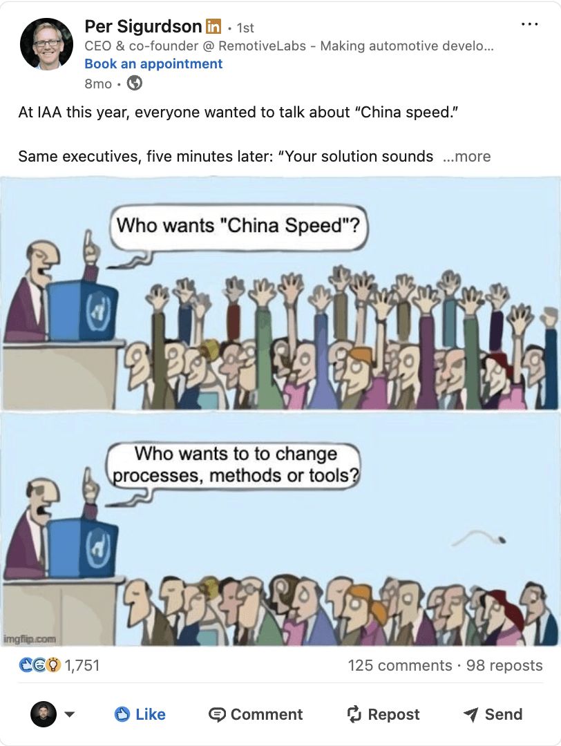 Per Sigurdson post: everyone praises China speed, almost nobody wants to change the processes behind it