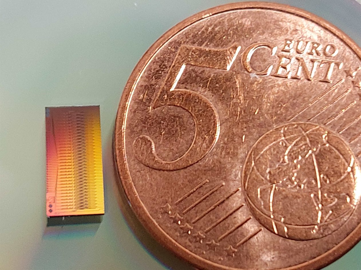 Scantinel FMCW LiDAR chip next to a five-cent coin